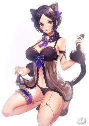 Rule 34 | 10s, 1girl, absurdres, animal ears, artist name, babydoll, bell, neck bell, black hair, black panties, blush, cat ears, cat tail, closed mouth, collar, commentary request, frills, fur collar, fur trim, garter straps, hayami kanade, highres, holding, holding tail, idolmaster, idolmaster cinderella girls, jingle bell, lingerie, looking at viewer, mairo, navel, panties, purple ribbon, ribbon, signature, single thighhigh, smile, solo, squatting, tail, thigh strap, thighhighs, underwear, yellow eyes