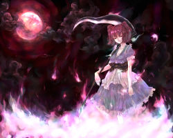 Rule 34 | 1girl, blue dress, dress, female focus, ivris, looking at viewer, moon, obi, onozuka komachi, polearm, puffy short sleeves, puffy sleeves, red hair, red moon, sash, scythe, short sleeves, solo, standing, touhou, twintails, two side up, weapon
