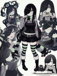 Rule 34 | 1girl, absurdres, aria wintermint, belt, black footwear, black hair, black scarf, black skirt, black thighhighs, blush, boots, breasts, cleavage, green eyes, green scarf, green thighhighs, hair over one eye, heart, highres, knee boots, large breasts, long hair, looking at viewer, multicolored clothes, multicolored scarf, multicolored thighhighs, multiple views, parororo, parted lips, pleated skirt, scarf, skirt, striped clothes, striped scarf, striped thighhighs, tentacles, the crawling city, thighhighs