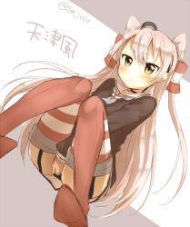 Rule 34 | &gt;:&lt;, 10s, 1girl, :&lt;, amatsukaze (kancolle), blush, brown eyes, character name, choker, closed mouth, covering crotch, covering privates, dress, garter straps, grey neckerchief, hair tubes, headgear, highres, kantai collection, long hair, looking at viewer, neckerchief, red thighhighs, sa ioio, sailor collar, sailor dress, silver hair, solo, striped clothes, striped thighhighs, thighhighs, twintails, twitter username, two side up, v-shaped eyebrows, you-1110
