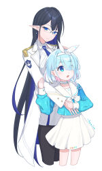 Rule 34 | 2girls, absurdres, arona (blue archive), black hair, blue archive, blue eyes, glasses, height difference, highres, hug, long hair, looking at viewer, multiple girls, rin (blue archive), school uniform, serafuku, simple background, smile, very long hair, white background