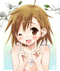 Rule 34 | 00s, 1girl, ahoge, brown eyes, brown hair, double v, eretto, flower, last order (toaru majutsu no index), one eye closed, open mouth, short hair, smile, solo, toaru majutsu no index, v, wink