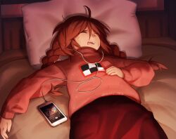 Rule 34 | 1girl, absurdres, ahoge, bed, braid, brown hair, camera flash, cellphone, closed eyes, commentary, cowboy shot, distress, dragostea din tei, facing to the side, fingernails, from above, frown, furrowed brow, hair between eyes, hand on own chest, hand on own stomach, head on pillow, highres, in-ear earphones, iphone, lips, listening to music, long hair, long sleeves, low twintails, lying, madotsuki, messy hair, mrntta 3704, nightmare, o-zone (group), on back, on bed, open mouth, phone, pillow, pink sweater, print sweater, red skirt, shadow, sidelocks, signature, skirt, sleeping, sleeveless, sleeveless turtleneck, smartphone, solo, spotify, sweat, sweatdrop, sweater, teeth, turtleneck, twin braids, twintails, upper teeth only, yume nikki