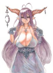 Rule 34 | 10s, 1girl, ahoge, breasts, cleavage, danua, draph, eu03, granblue fantasy, highres, horns, huge breasts, jewelry, looking at viewer, necklace, painting (medium), pointy ears, purple eyes, sagging breasts, solo, strap gap, traditional media, watercolor (medium)
