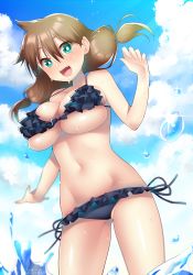Rule 34 | 1girl, 2016, :d, amano megumi, amano megumi wa suki darake!, aqua eyes, artist name, bare arms, bikini, blurry, breasts, brown hair, cloud, cloudy sky, dated, day, depth of field, dutch angle, frilled bikini, frills, gluteal fold, hair between eyes, hattori masaki, large breasts, legs apart, long hair, low twintails, open mouth, original, outdoors, outstretched arm, revealing clothes, side-tie bikini bottom, skindentation, sky, smile, solo, splashing, standing, standing on liquid, stomach, swimsuit, thighs, twintails, underboob, water, wet