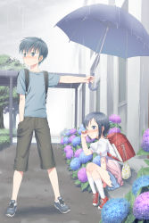 Rule 34 | 1boy, 1girl, :/, ;), backpack, bag, between legs, black hair, blue eyes, blue shirt, blue skirt, blush, brown shorts, day, flower, frown, hair ornament, hairclip, hand between legs, hand in pocket, highres, holding, holding umbrella, hydrangea, kneehighs, looking at another, looking away, nose blush, one eye closed, original, outdoors, outstretched arm, puffy short sleeves, puffy sleeves, purple eyes, rain, randoseru, rubbing eyes, shirt, shoes, short hair, short sleeves, shorts, sitting, skirt, smile, sneakers, socks, spread legs, standing, tree, uma (uma1111), umbrella, white socks
