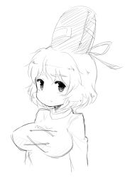 Rule 34 | 1girl, blueberry (5959), breasts, eyebrows, female focus, frown, greyscale, hat, large breasts, long sleeves, looking at viewer, monochrome, short hair, simple background, sketch, soga no tojiko, solo, tate eboshi, touhou, upper body, white background