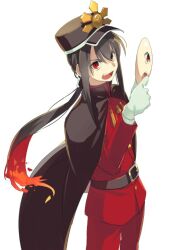 Rule 34 | 1boy, belt, black cape, black hair, black hat, buttons, cape, crest, echo (circa), family crest, fate/grand order, fate (series), fiery hair, gloves, hat, jacket, jewelry, koha-ace, long hair, long sleeves, looking at viewer, mask, necklace, oda nobukatsu (fate), oda uri, open mouth, pants, peaked cap, ponytail, red eyes, red jacket, red pants, sidelocks, smile, solo, very long hair, white gloves