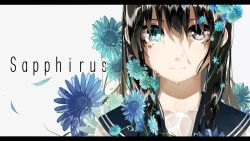 Rule 34 | 1girl, black hair, blue eyes, closed mouth, collarbone, crying, crying with eyes open, expressionless, flower, grey eyes, heterochromia, highres, letterboxed, long hair, looking at viewer, original, school uniform, serafuku, solo, tears, upper body, yuzua
