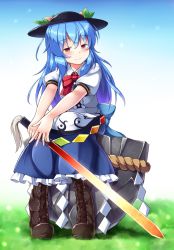 Rule 34 | 1girl, aka tawashi, black footwear, black headwear, blouse, blue background, blue hair, blue skirt, blush, boots, bow, bowtie, center frills, commentary request, cross-laced footwear, food, frills, fruit, gradient background, gradient hair, grass, hair between eyes, highres, hinanawi tenshi, holding, holding sword, holding weapon, keystone, lace-up boots, leaf, long hair, looking at viewer, multicolored hair, peach, petticoat, puffy short sleeves, puffy sleeves, purple hair, red bow, red bowtie, red eyes, rope, shadow, shide, shimenawa, shirt, short sleeves, sitting, skirt, smile, solo, sword, sword of hisou, touhou, weapon, white background, white shirt