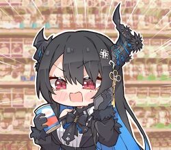 Rule 34 | 1girl, asymmetrical horns, black hair, blue hair, blush, breasts, cellphone, chibi, colored inner hair, demon horns, fur trim, hair ornament, highres, holding, holding phone, hololive, hololive english, horns, i&#039;m at soup (meme), kukie-nyan, long hair, medium breasts, meme, mole, mole under eye, multicolored hair, nerissa ravencroft, nerissa ravencroft (1st costume), phone, red eyes, smartphone, solo, talking on phone, uneven horns, virtual youtuber