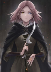 Rule 34 | 1girl, absurdres, black cape, black knife (elden ring), blue eyes, brown hair, cape, commentary request, dagger, dress, elden ring, facial tattoo, forehead, green dress, heterochromia, highres, holding, holding dagger, holding knife, holding weapon, hood, hood down, hooded cape, knife, lips, looking at viewer, melina (elden ring), parted lips, pink lips, rockyoerr, short hair, solo, spoilers, tattoo, weapon, yellow eyes