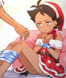 Rule 34 | 2boys, antenna hair, ash ketchum, bare shoulders, belt, black belt, blue eyes, blush, bound, bound legs, bound wrists, brown hair, christmas, collarbone, commentary request, creatures (company), cushion, dress, eyelashes, game freak, goh (pokemon), hands up, hat, highres, knees, legs together, male focus, multiple boys, nintendo, own hands together, parted lips, pokemon, pokemon (anime), pokemon journeys, red dress, santa hat, signature, sitting, sweatdrop, ze (0enmaitake)