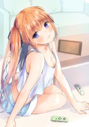 Rule 34 | 1girl, armpit crease, bare arms, bare shoulders, blue shorts, blurry, breasts, camisole, cleavage, closed mouth, couch, crop top, crop top overhang, depth of field, head tilt, highres, long hair, looking at viewer, midriff, nintendo switch, on floor, orange hair, original, purple eyes, shirt, short shorts, shorts, sitting, sleeveless, sleeveless shirt, small breasts, solo, spaghetti strap, thighs, twintails, white shirt, yu yu