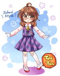 Rule 34 | 1girl, :o, aged down, ahoge, brown hair, buttons, child, collared shirt, commentary request, english text, full body, glasses, gloves, kneehighs, long sleeves, looking at viewer, low twintails, motion lines, multicolored background, open mouth, plaid, plaid skirt, plaid vest, pleated skirt, pote (ptkan), purple skirt, purple vest, red-framed eyewear, ribbon, semi-rimless eyewear, shirt, shoes, short hair, skirt, socks, solo, sound effects, standing, tareme, thighhighs, touhou, twintails, under-rim eyewear, usami sumireko, vest, white footwear, white gloves, white ribbon, white shirt, white socks, wing collar, zettai ryouiki