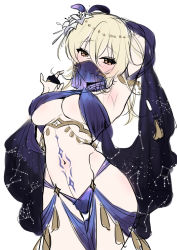 Rule 34 | 1girl, absurdres, arm up, belly dancer, blonde hair, blush, breasts, cancer (constellation), capricorn (constellation), commentary, detached sleeves, english commentary, flower, fox shadow puppet, genshin impact, hair between eyes, hair flower, hair ornament, highres, ia (ias1010), large breasts, looking at viewer, lumine (genshin impact), mouth veil, orange eyes, sagittarius (constellation), short hair with long locks, simple background, sketch, smile, solo, stomach tattoo, tattoo, taurus (constellation), veil, virgo (constellation), white background, white flower, wide sleeves