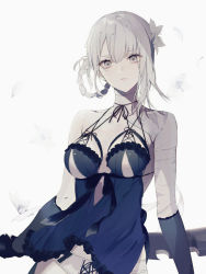 Rule 34 | 1girl, bandaged arm, bandaged neck, bandages, black gloves, blue dress, braid, braided hair rings, breasts, cleavage, cowboy shot, dress, elbow gloves, flower, gloves, grey eyes, hair flower, hair ornament, hair rings, halter dress, halterneck, holding, holding sword, holding weapon, kaine (nier), looking at viewer, looking back, medium breasts, nier, nier (series), panties, parted lips, revealing clothes, silver hair, solo, sword, underwear, weapon, white fur, white panties, yukisame