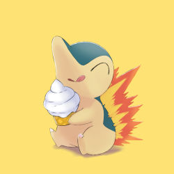 Rule 34 | ^ ^, closed eyes, commentary request, creatures (company), cyndaquil, closed eyes, fire, food, game freak, gen 2 pokemon, harisen1012, highres, holding, ice cream, ice cream cone, nintendo, no humans, pokemon, pokemon (creature), simple background, sitting, solo, tongue, tongue out, yellow background
