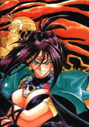 Rule 34 | 1990s (style), 1boy, 1girl, araizumi rui, black hair, breasts, circlet, earrings, highres, jewelry, large breasts, long hair, naga the serpent, retro artstyle, scan, shoulder pads, slayers, smile, spikes