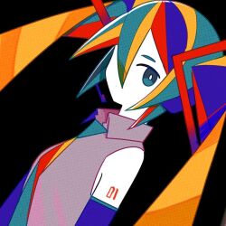 Rule 34 | 1girl, aqua eyes, arm tattoo, bare shoulders, black background, breasts, bright pupils, collared shirt, colored skin, colorful, commentary, detached sleeves, from side, hair between eyes, hair ornament, halftone, hatsune miku, headset, long hair, looking at viewer, looking to the side, machigami yoh, multicolored hair, multicolored necktie, necktie, number tattoo, shirt, simple background, sleeveless, sleeveless shirt, small breasts, solo, tattoo, twintails, upper body, vocaloid, white pupils, white skin