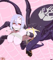Rule 34 | 10s, 1girl, arthropod girl, ass, bdsm, bondage, bouncing breasts, bound, breasts, butt crack, female focus, highres, insect girl, large breasts, looking at viewer, looking up, monster girl, monster musume no iru nichijou, nipples, puffy nipples, rachnera arachnera, red eyes, short hair, silver hair, solo, spider girl, thehumancopier, upper body