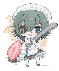 Rule 34 | 1girl, alternate costume, apron, black dress, black footwear, blush, chibi, dress, enmaided, eyepatch, food, food on face, frilled apron, frilled dress, frills, fruit, full body, green eyes, green hair, hair between eyes, highres, holding, holding spoon, kantai collection, kiso (kancolle), maid, maid headdress, narukan, open mouth, shoes, short hair, short sleeves, simple background, solo, spoon, strawberry, thighhighs, translation request, twitter username, whipped cream, white apron, white background, white thighhighs