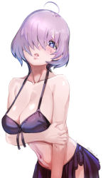 Rule 34 | 1girl, ahoge, arm under breasts, bare shoulders, bikini, bikini skirt, black bikini, blush, breasts, cleavage, collarbone, fate/grand order, fate (series), front-tie top, hair over one eye, halterneck, heart, heart-shaped pupils, highres, large breasts, lips, looking at viewer, mash kyrielight, navel, parted lips, purple eyes, purple hair, sho-n-d, short hair, simple background, solo, swimsuit, symbol-shaped pupils, twitter username, white background