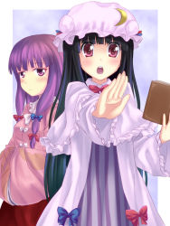 Rule 34 | &gt;:o, 2girls, :&lt;, :o, bad id, bad pixiv id, black hair, blouse, blunt bangs, blush, book, cosplay, costume switch, dress, female focus, hands in opposite sleeves, hat, houraisan kaguya, houraisan kaguya (cosplay), jitome, long hair, multiple girls, outstretched arm, patchouli knowledge, patchouli knowledge (cosplay), pink shirt, purple background, purple eyes, purple hair, shirt, shiwasuzuki, striped clothes, striped dress, touhou, v-shaped eyebrows, vertical-striped clothes, vertical-striped dress
