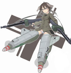 Rule 34 | 1girl, animal ears, bad id, bad pixiv id, brown eyes, brown hair, dog ears, dog tail, gertrud barkhorn, gun, hair ribbon, highres, jacket, kineshin123, military, military uniform, panties, ribbon, solo, strike witches, striker unit, tail, twintails, underwear, uniform, weapon, white panties, world witches series