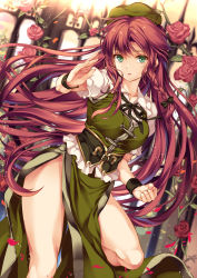 Rule 34 | 1girl, bare legs, black ribbon, braid, breasts, chinese clothes, clenched hand, commentary request, flower, gate, green eyes, green hat, hat, highres, hong meiling, long hair, looking at viewer, medium breasts, monety, outdoors, pelvic curtain, puffy short sleeves, puffy sleeves, red flower, red hair, red rose, ribbon, rose, short sleeves, side braid, solo, touhou, very long hair, vest