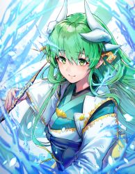 Rule 34 | 1girl, black cola, blush, breasts, dragon girl, dragon horns, fate/grand order, fate (series), folding fan, green hair, hand fan, highres, horns, japanese clothes, kimono, kiyohime (fate), long hair, long sleeves, looking at viewer, medium breasts, multiple horns, obi, sash, smile, solo, wide sleeves, yellow eyes