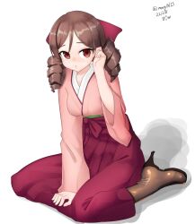 Rule 34 | 1girl, absurdres, boots, bow, brown footwear, brown hair, cross-laced footwear, drill hair, hair bow, hakama, harukaze (kancolle), high heel boots, high heels, highres, japanese clothes, kantai collection, kimono, looking at viewer, maru (marg0613), meiji schoolgirl uniform, one-hour drawing challenge, pink kimono, red bow, red eyes, red hakama, simple background, sitting, solo, twin drills, wariza, white background