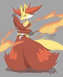 Rule 34 | 1girl, animal ear fluff, animal ears, black fur, burning, closed mouth, creatures (company), dated, delphox, digitigrade, fire, fox ears, fox tail, furry, furry female, game freak, gen 6 pokemon, grey background, hand up, highres, holding, holding stick, looking at viewer, multicolored fur, nintendo, orange eyes, orange fur, pokemon, pokemon (creature), red fur, red nose, shuu come, signature, simple background, snout, solo, standing, stick, tail, tsurime, white fur, yellow fur