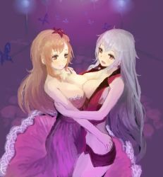 Rule 34 | 2girls, arnas (yoru no nai kuni), asymmetrical docking, breast press, breasts, bug, butterfly, couple, eye contact, happy, insect, juju (poipoipui), large breasts, long hair, looking at another, lyuritis (yoru no nai kuni), multiple girls, open mouth, orange hair, silver hair, smile, symmetrical docking, very long hair, yellow eyes, yoru no nai kuni, yuri