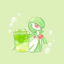Rule 34 | 1girl, arm at side, bob cut, bubble, chibi, colored skin, creatures (company), crescent, cup, drink, drinking glass, female focus, flat chest, food, food focus, fruit, full body, game freak, gardevoir, gen 3 pokemon, grapes, green background, green hair, green skin, green theme, hair over one eye, ice, ice cube, kinakomochi (monsteromochi), multicolored skin, nintendo, no mouth, one eye covered, pokemon, pokemon (creature), red eyes, short hair, simple background, solo, sparkle, standing, star (symbol), two-tone skin, white skin