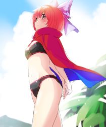 Rule 34 | 1girl, alternate eye color, arms behind back, bandeau, bikini, black bikini, blue sky, blush, bow, breasts, brown eyes, cape, cleavage, cloud, cowboy shot, day, groin, hair between eyes, hair bow, high collar, lens flare, looking at viewer, makuwauri, medium breasts, mountain, navel, outdoors, plant, purple bow, red cape, red hair, sekibanki, shiny skin, short hair, sky, solo, standing, stomach, sweat, swimsuit, thighs, touhou
