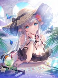 Rule 34 | 1girl, bikini, black bikini, blue butterfly, blue eyes, blush, breasts, bug, butterfly, cleavage, closed mouth, collarbone, commentary, drink, drinking straw, elf, flower, frilled bikini, frills, grey hair, hair flower, hair ornament, hat, head rest, head tilt, hi-na1, highres, insect, jewelry, large breasts, leaning forward, light rays, long hair, looking at viewer, original, pointy ears, pool, red flower, ring, signature, smile, solo, straw hat, sun hat, sunbeam, sunlight, swimsuit, tray, very long hair, water