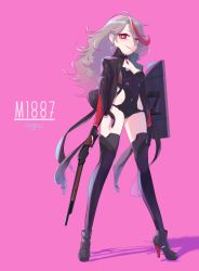 Rule 34 | 1girl, ameri (cham), ankle boots, armor, bad id, bad pixiv id, black gloves, boots, breasts, cleavage, cleavage cutout, clothing cutout, full body, girls&#039; frontline, gloves, gun, hair between eyes, high heel boots, high heels, highres, jacket, jewelry, lever action, light brown hair, long hair, long legs, looking at viewer, m1887 (girls&#039; frontline), medium breasts, multicolored hair, open clothes, open jacket, red eyes, red hair, shield module, shotgun, solo, streaked hair, thighhighs, trigger discipline, turtleneck, wavy hair, weapon