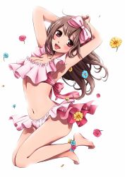 Rule 34 | 1girl, :d, absurdres, anklet, armpits, arms behind head, barefoot, bikini, breasts, brown hair, cleavage, feet, flower, frilled bikini, frills, highres, jewelry, long hair, nanairo fuuka, navel, open mouth, original, pink bikini, red eyes, smile, solo, swimsuit
