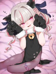 Rule 34 | 1girl, :d, absurdres, animal ears, animal hands, bell, black ribbon, blush, breasts, breasts squeezed together, brown pantyhose, cat ears, cat tail, china dress, chinese clothes, claw pose, dress, fangs, female focus, from above, fur-trimmed gloves, fur trim, gloves, grey hair, hair intakes, hair ribbon, hands up, heart, heart-shaped pupils, heart tattoo, highres, jingle bell, leg tattoo, looking at viewer, lying, makaino ririmu, multicolored hair, neck bell, nijisanji, no panties, on back, on bed, open mouth, pantyhose, paw gloves, pelvic curtain, pink eyes, ribbon, skin fangs, small breasts, smile, solo, streaked hair, symbol-shaped pupils, tail, tattoo, twintails, utsusumi kio, virtual youtuber