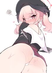 Rule 34 | 1girl, absurdres, ass, black headwear, black shirt, black wings, blue archive, blush, commentary, covering own mouth, from behind, halo, highres, koharu (blue archive), korean commentary, looking at viewer, mg pong, off-shoulder shirt, off shoulder, panties, pink eyes, pink hair, school uniform, shirt, simple background, solo, sweat, underwear, white background, white panties, winged hat, wings