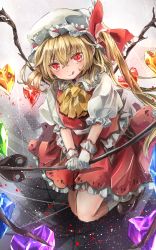 Rule 34 | 1girl, :q, ascot, blonde hair, blush, crystal, flandre scarlet, hair between eyes, hat, hat ribbon, highres, holding, holding polearm, holding weapon, laevatein (touhou), looking at viewer, mob cap, polearm, puffy short sleeves, puffy sleeves, red eyes, red ribbon, red skirt, red vest, ribbon, shironeko yuuki, shirt, short sleeves, skirt, skirt set, slit pupils, smile, socks, solo, tongue, tongue out, touhou, vest, weapon, white hat, white socks, wings, wrist cuffs