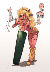 Rule 34 | 1girl, animal print, beans, blonde hair, bodypaint, breasts, colored skin, commentary request, crumbs, cuffs, eating, ehoumaki, facepaint, fangs, food, full body, green eyes, hair over breasts, hairband, head rest, horns, hrd, leaning forward, leg warmers, leopard print, long hair, makizushi, medium breasts, messy hair, navel, oni, oni horns, open mouth, original, oversized object, print legwear, print shorts, red skin, sandals, setsubun, short shorts, shorts, simple background, solo, standing, stomach, sushi, translation request, waraji, white background, yellow legwear