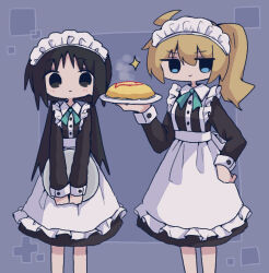 Rule 34 | 2girls, ahoge, apron, black eyes, black hair, blonde hair, blue background, blue eyes, blush, breasts, buttoned cuffs, buttons, closed mouth, collared dress, dress, feet out of frame, food, frilled apron, frills, green ribbon, hand on own hip, hand up, holding, holding plate, jitome, kanikan, long hair, long sleeves, looking at viewer, maid, maid apron, maid headdress, multiple girls, neck ribbon, omelet, omurice, original, plate, ribbon, side ponytail, sleeve cuffs, small breasts, sparkle, standing, straight-on, waist apron, white apron