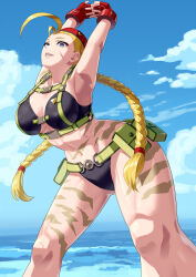 Rule 34 | 1girl, alternate costume, bikini, blonde hair, blue eyes, cammy white, camouflage paint, cloud, fingerless gloves, gloves, hat, highres, looking at viewer, military hat, ocean, scar, scar on face, solo, street fighter, stretching, swimsuit, thick thighs, thighs, twintails, yagi2013
