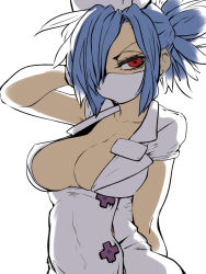 Rule 34 | 1girl, arm up, blue hair, breasts, cleavage, collarbone, covered navel, gloves, hair over one eye, hat, large breasts, latex, latex gloves, mask, mouth mask, mtk hoshi, name tag, nurse cap, ponytail, red eyes, skullgirls, solo, surgical mask, upper body, valentine (skullgirls), white background