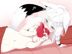Rule 34 | 1girl, ahoge, animal ears, bed sheet, blush, braid, breasts, completely nude, fox ears, fox girl, fox tail, fuwakuyuu, green eyes, holding, hololive, lying, navel, nipples, nude, on bed, on side, red pillow, red sheet, shirakami fubuki, solo, star (symbol), tail, under covers, valentine, virtual youtuber, white hair