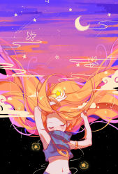 Rule 34 | 1girl, absurdres, arms up, black background, blonde hair, blush, bracelet, bug, butterfly, closed eyes, crescent moon, facing viewer, floating hair, highres, insect, jewelry, league of legends, long hair, messy hair, midriff, moon, multicolored background, navel, ruan chen yue, solo, star (symbol), stomach, zoe (league of legends)