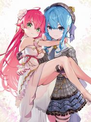 Rule 34 | 2girls, absurdres, ahoge, arms around neck, bare legs, black gloves, blue hair, blue nails, blue skirt, blush, breasts, carrying, closed mouth, dress, earrings, flower, gloves, green eyes, grey headwear, grey shirt, hair between eyes, hair flower, hair ornament, hat, highres, hololive, hoshimachi suisei, hoshimachi suisei (1st costume), jewelry, kannougame, long hair, looking at viewer, medium breasts, multiple girls, nail polish, partially fingerless gloves, pink nails, plaid, plaid headwear, plaid shirt, plaid skirt, princess carry, sakura miko, shirt, skirt, smile, very long hair, virtual youtuber, white dress