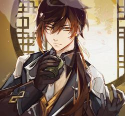 Rule 34 | 1boy, black gloves, black hair, brown hair, closed mouth, cloudkourin, cup, earrings, formal, genshin impact, gloves, hair between eyes, holding, holding cup, jacket, jewelry, leaf, long hair, long sleeves, looking at viewer, male focus, multicolored hair, ponytail, single earring, smile, solo, steam, suit, teacup, window, yellow eyes, zhongli (genshin impact)